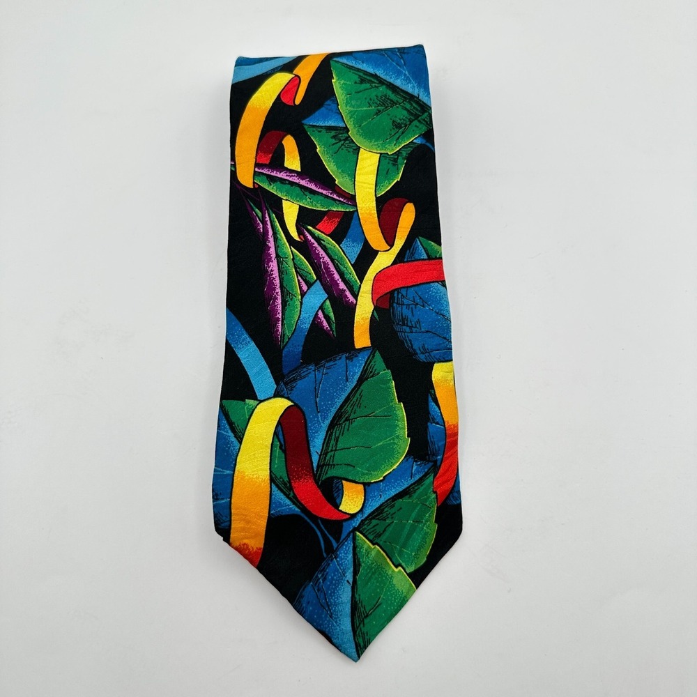 Vtg Rush Limbaugh No Boundaries Necktie Black Green‎ Silk Colorful Leaf USA